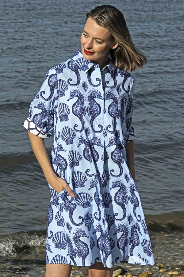 Monterey Dress Ocean Blue  Ground With Seahorses